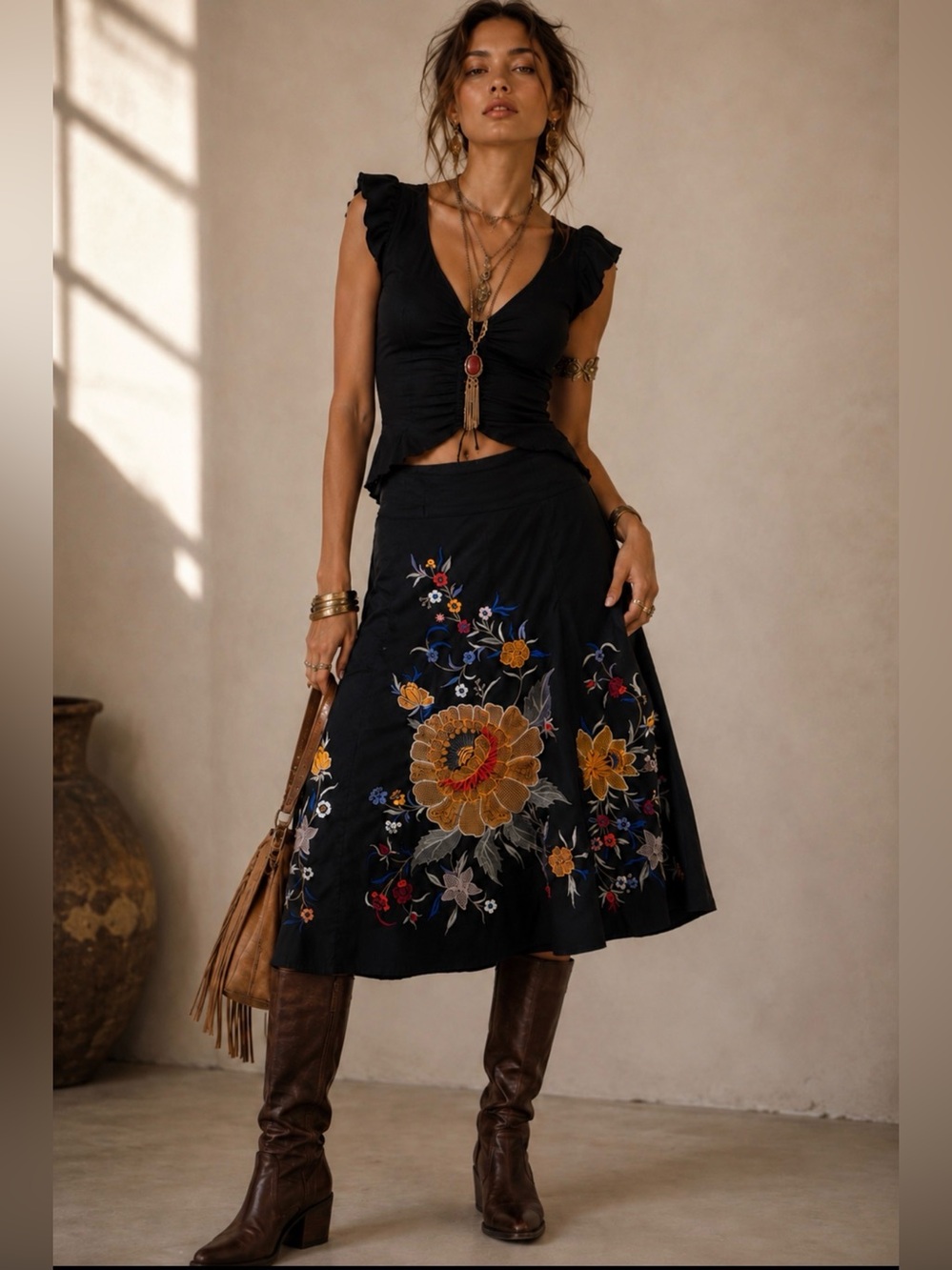 French Connection Black Midi Skirt with Multicolor Floral Embroidery